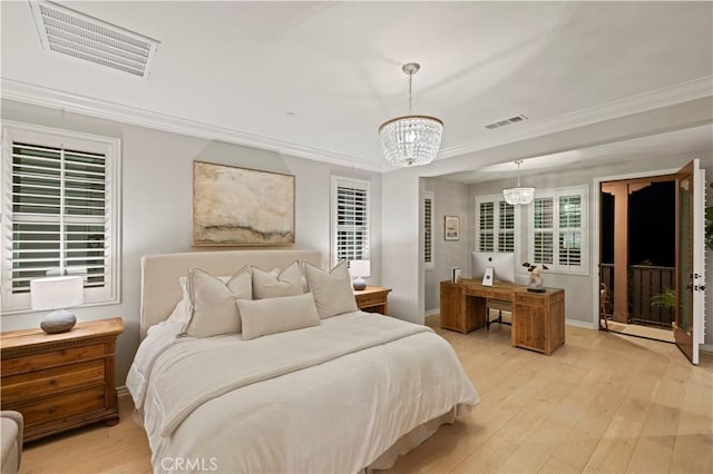 29034 Via Patina, Valencia, CA 91354 - bedroom featuring a chandelier, light wood finished floors, and crown molding