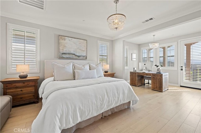 29034 Via Patina, Valencia, CA 91354 - bedroom with a chandelier, light wood-style flooring, access to outside, ornamental molding, and an office area