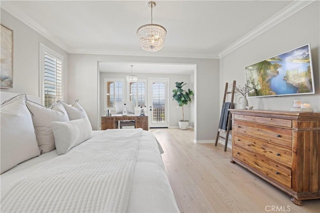 29034 Via Patina, Valencia, CA 91354 - bedroom featuring a chandelier, light wood-style floors, and crown molding