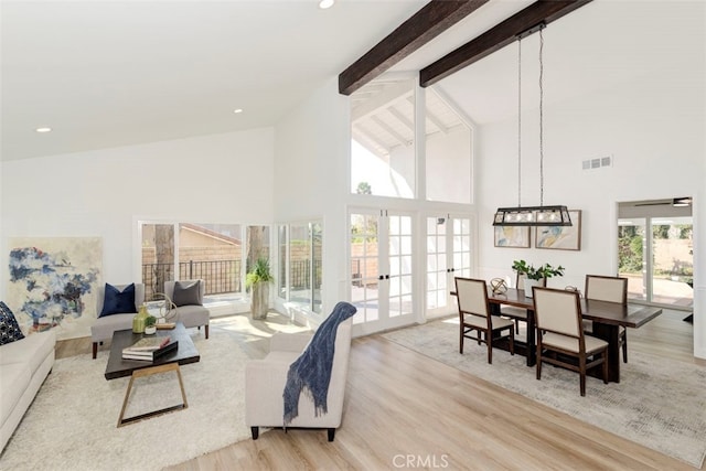 1760 N Yurok St, Orange, CA 92867 - living room featuring high vaulted ceiling, light wood-style floors, beamed ceiling, a chandelier, and recessed lighting