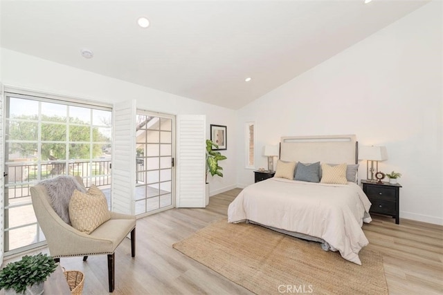1760 N Yurok St, Orange, CA 92867 - bedroom featuring access to exterior, recessed lighting, light wood finished floors, baseboards, and high vaulted ceiling