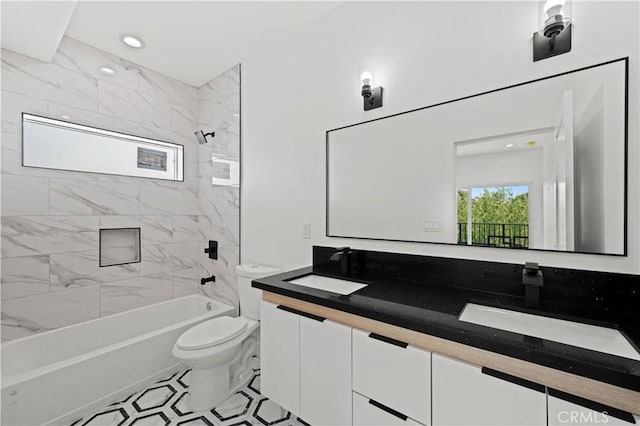 full bath featuring double vanity, toilet, a sink, shower / bath combination, and recessed lighting
