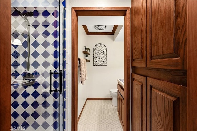 9 Maverick Ln, Bell Canyon, CA 91307 - bathroom featuring toilet, a stall shower, baseboards, vanity, and ornamental molding
