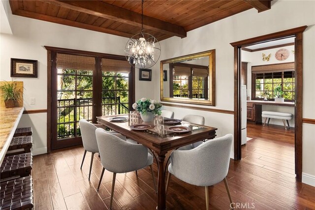 9 Maverick Ln, Bell Canyon, CA 91307 - dining area featuring a chandelier, wood ceiling with exposed beams, baseboards, and wood finished floors