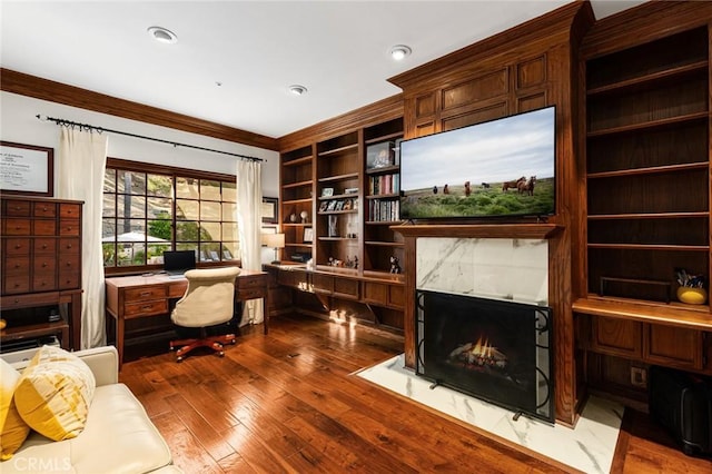 9 Maverick Ln, Bell Canyon, CA 91307 - office featuring ornamental molding, wood-type flooring, and a fireplace