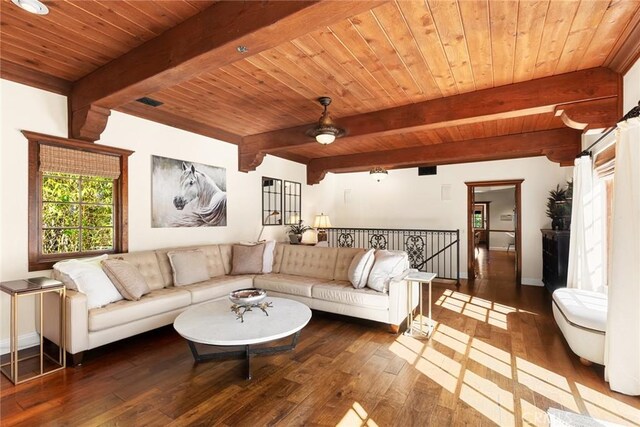 9 Maverick Ln, Bell Canyon, CA 91307 - living room featuring wood ceiling with exposed beams, hardwood / wood-style flooring, a ceiling fan, and baseboards