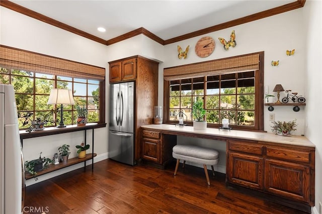 9 Maverick Ln, Bell Canyon, CA 91307 - kitchen featuring freestanding refrigerator, crown molding, light countertops, dark wood-style flooring, and baseboards