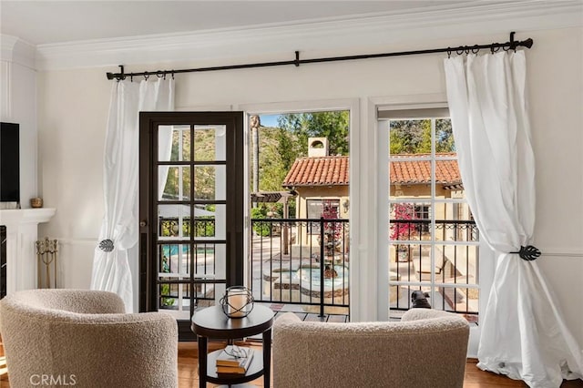 9 Maverick Ln, Bell Canyon, CA 91307 - doorway to outside featuring wood finished floors, ornamental molding, and a fireplace