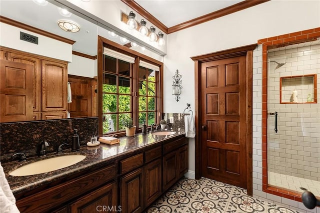 9 Maverick Ln, Bell Canyon, CA 91307 - bathroom featuring a shower stall, double vanity, crown molding, decorative backsplash, and tile patterned flooring