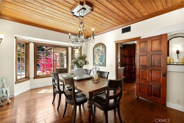 9 Maverick Ln, Bell Canyon, CA 91307 - dining area with wood ceiling, ornamental molding, a chandelier, baseboards, and dark wood finished floors
