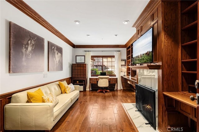 9 Maverick Ln, Bell Canyon, CA 91307 - living area with a fireplace with flush hearth, ornamental molding, a desk, and hardwood / wood-style floors