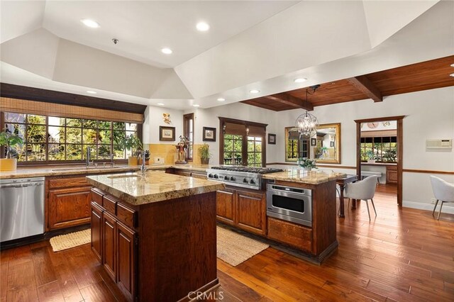 9 Maverick Ln, Bell Canyon, CA 91307 - kitchen featuring stainless steel appliances, a kitchen island with sink, dark wood-style floors, a sink, and recessed lighting