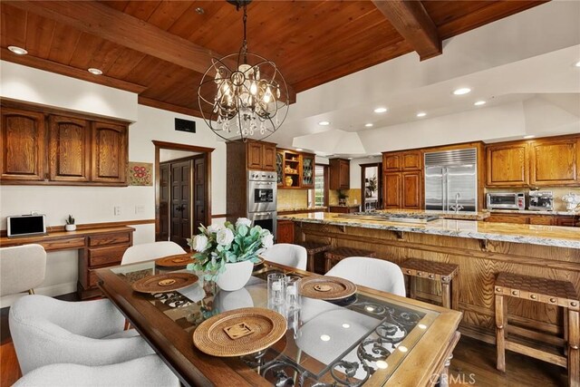 9 Maverick Ln, Bell Canyon, CA 91307 - dining space featuring wooden ceiling with exposed beams, dark wood-style flooring, recessed lighting, and a chandelier