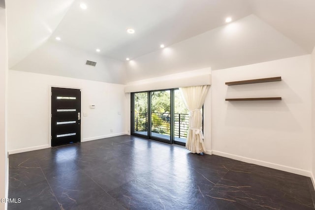 unfurnished living room featuring baseboards, recessed lighting, and lofted ceiling