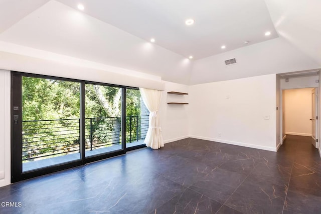 empty room featuring recessed lighting, baseboards, and vaulted ceiling