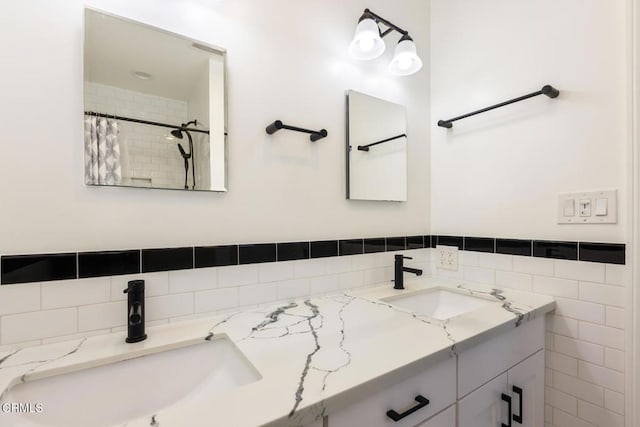 7580 Mcgroarty Ter, Tujunga, CA 91042 - bathroom with double vanity, curtained shower, and tile walls