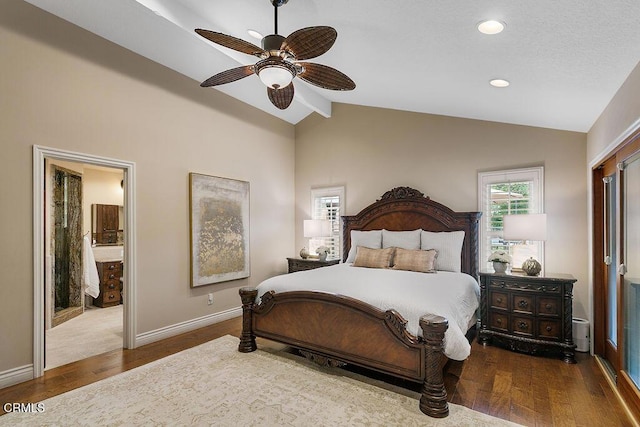 bedroom with wood finished floors, baseboards, recessed lighting, connected bathroom, and ceiling fan