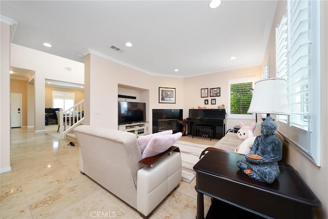 5581 Tremaine Way, Chino Hills, CA 91709 - living room featuring crown molding, healthy amount of natural light, recessed lighting, baseboards, and stairs