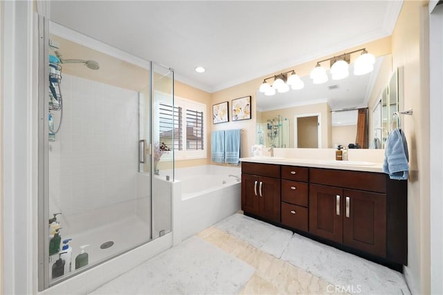 5581 Tremaine Way, Chino Hills, CA 91709 - bathroom with crown molding, a garden tub, a stall shower, and double vanity