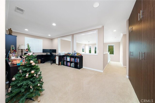 5581 Tremaine Way, Chino Hills, CA 91709 - interior space featuring light carpet, baseboards, recessed lighting, and crown molding