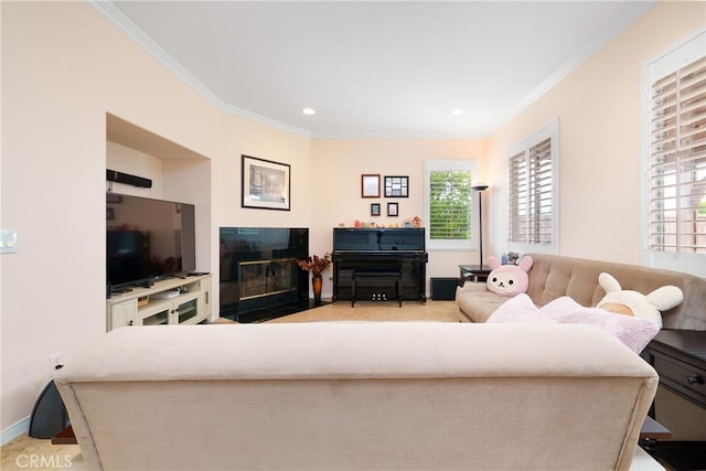 5581 Tremaine Way, Chino Hills, CA 91709 - living area with ornamental molding, a fireplace with flush hearth, recessed lighting, and baseboards