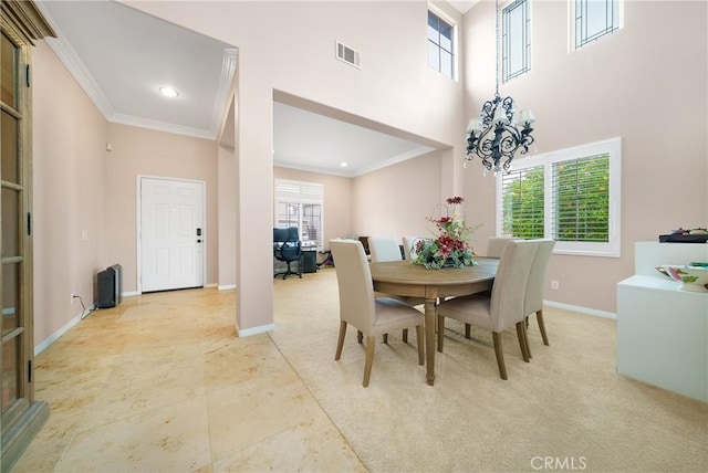 5581 Tremaine Way, Chino Hills, CA 91709 - dining room with ornamental molding, a chandelier, baseboards, a towering ceiling, and recessed lighting