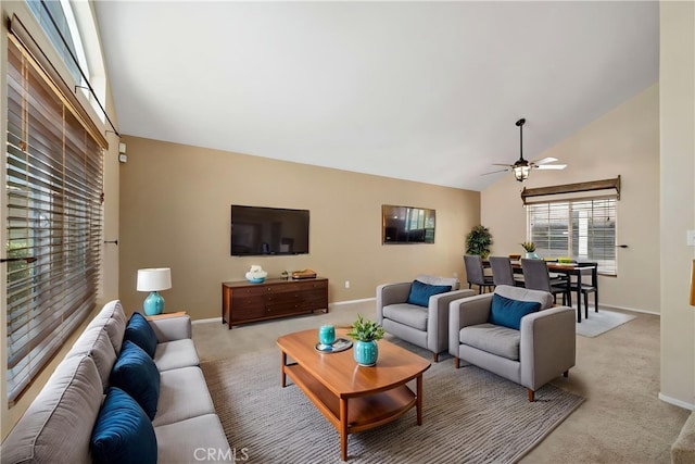 1044 Jude Ct, San Jacinto, CA 92583 - living area with light carpet, baseboards, a ceiling fan, and high vaulted ceiling