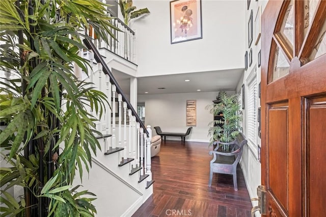 5048 W 121st St, Hawthorne, CA 90250 - entrance foyer with stairs, plenty of natural light, dark wood finished floors, baseboards, and a high ceiling