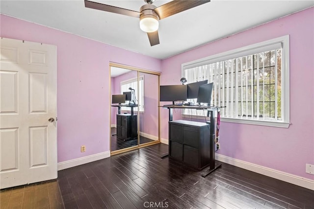 5048 W 121st St, Hawthorne, CA 90250 - bedroom with baseboards, wood finished floors, a closet, ceiling fan, and an office area