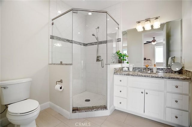 bathroom with ceiling fan, a shower stall, tile patterned flooring, and toilet