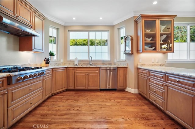 kitchen with stainless steel appliances, under cabinet range hood, light wood-type flooring, ornamental molding, and light stone countertops