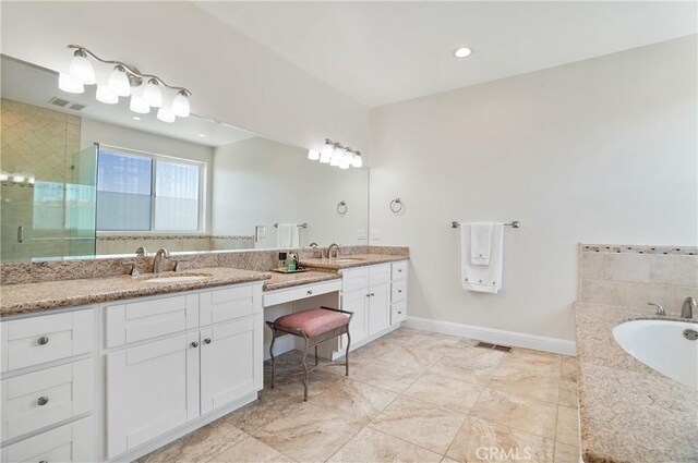 full bathroom featuring tiled shower, double vanity, a garden tub, and baseboards