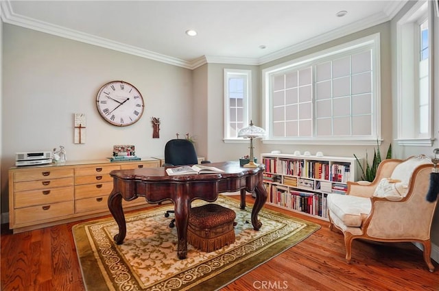 home office with wood finished floors, recessed lighting, and ornamental molding