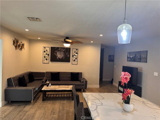 14825 Cranbrook Ave, Hawthorne, CA 90250 - living area featuring wood finished floors, recessed lighting, ceiling fan, and baseboards