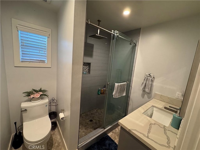 14825 Cranbrook Ave, Hawthorne, CA 90250 - bathroom featuring a shower stall, toilet, baseboards, and vanity