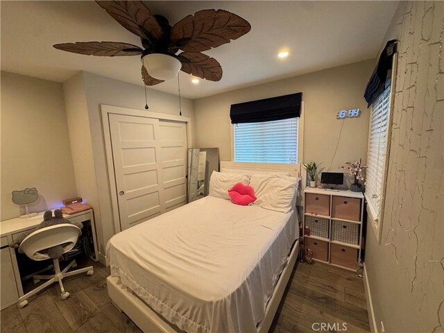14825 Cranbrook Ave, Hawthorne, CA 90250 - bedroom with dark wood-type flooring, recessed lighting, a closet, and ceiling fan