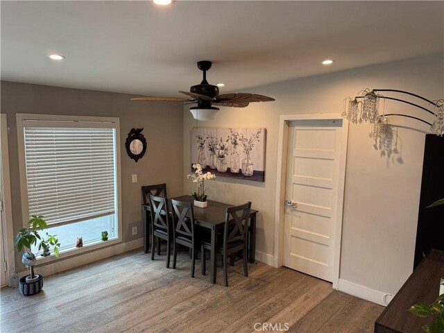 14825 Cranbrook Ave, Hawthorne, CA 90250 - dining area featuring recessed lighting, wood finished floors, a ceiling fan, and baseboards