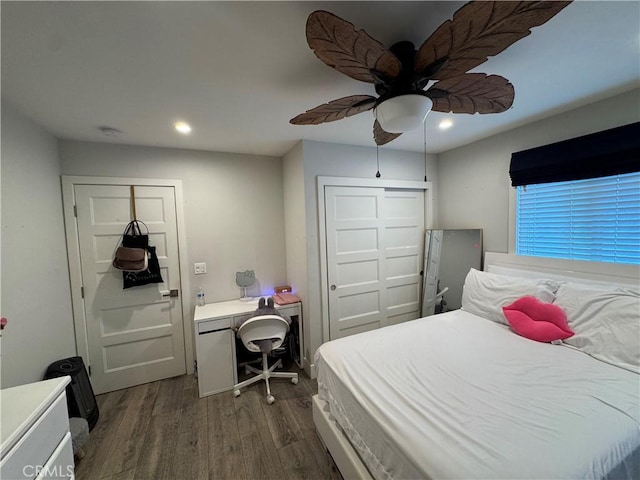 14825 Cranbrook Ave, Hawthorne, CA 90250 - bedroom featuring dark wood-type flooring, recessed lighting, a closet, a ceiling fan, and an office area