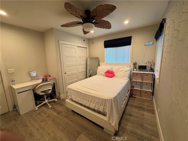 14825 Cranbrook Ave, Hawthorne, CA 90250 - bedroom with wood finished floors, recessed lighting, baseboards, ceiling fan, and a closet