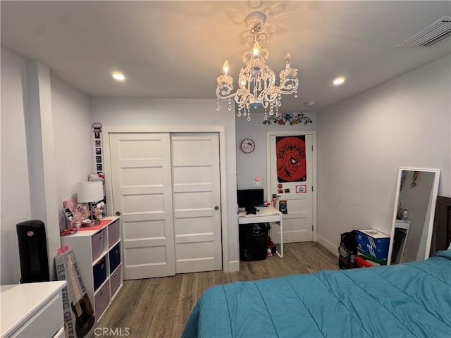 14825 Cranbrook Ave, Hawthorne, CA 90250 - bedroom with wood finished floors, a chandelier, recessed lighting, a desk, and baseboards