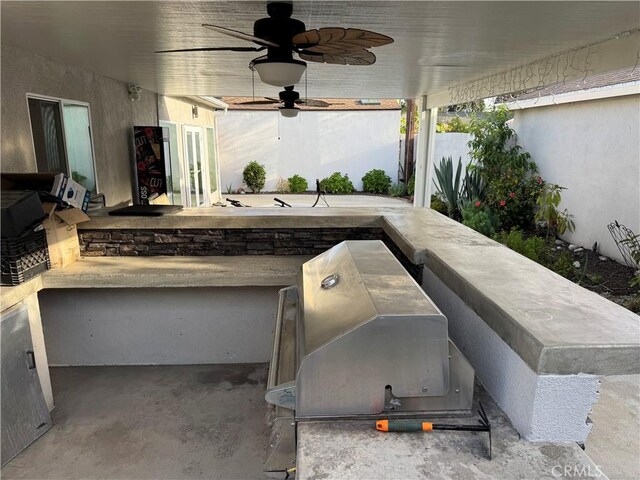 14825 Cranbrook Ave, Hawthorne, CA 90250 - view of patio / terrace featuring a ceiling fan, a grill, french doors, and fence