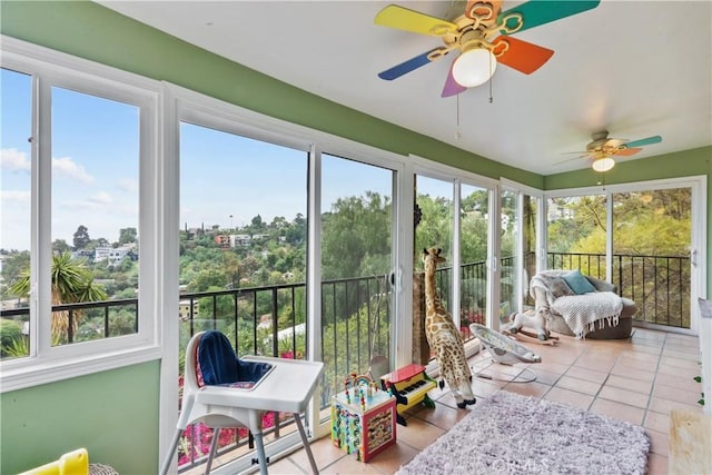 641 Sunnyhill Dr, Los Angeles, CA 90065 - sunroom / solarium featuring tile patterned floors, a ceiling fan, and healthy amount of natural light