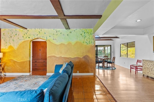 641 Sunnyhill Dr, Los Angeles, CA 90065 - living area featuring baseboards, wood finished floors, recessed lighting, and beamed ceiling