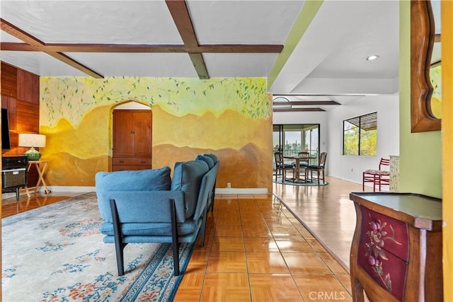 641 Sunnyhill Dr, Los Angeles, CA 90065 - living room featuring baseboards, wallpapered walls, beamed ceiling, coffered ceiling, and recessed lighting
