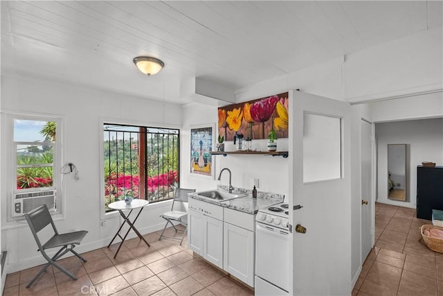 641 Sunnyhill Dr, Los Angeles, CA 90065 - kitchen featuring a sink, white electric range, open shelves, cooling unit, and light tile patterned floors