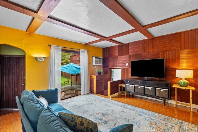 641 Sunnyhill Dr, Los Angeles, CA 90065 - living room featuring coffered ceiling, an AC wall unit, and beam ceiling