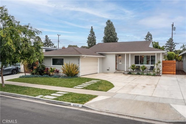 single story home featuring an attached garage, covered porch, concrete driveway, stucco siding, and a shingled roof