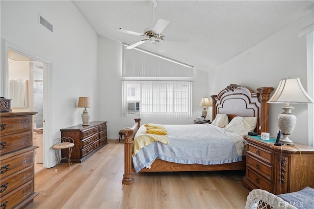 11806 Thunderbird Ave, Porter Ranch, CA 91326 - bedroom featuring light wood-style floors, high vaulted ceiling, ensuite bathroom, and ceiling fan