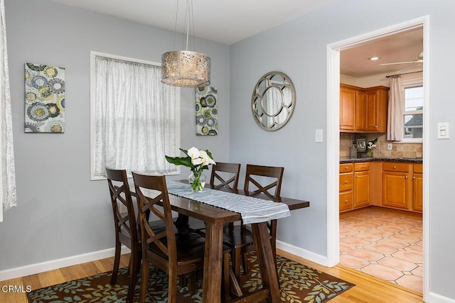 5627 Huddart Ave, Arcadia, CA 91006 - dining space featuring baseboards, light wood-style flooring, and a ceiling fan