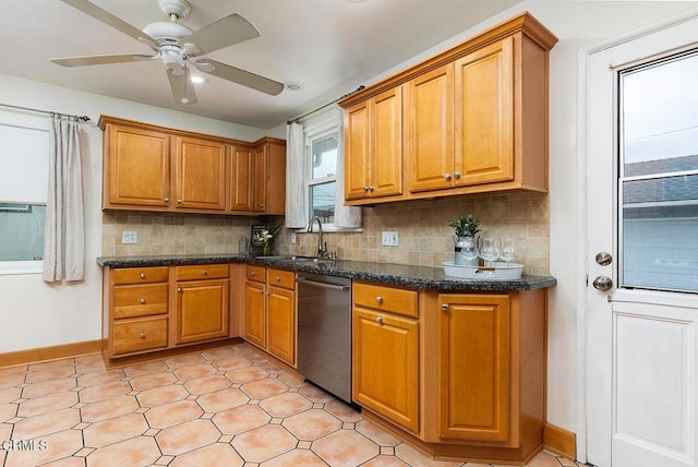 5627 Huddart Ave, Arcadia, CA 91006 - kitchen featuring stainless steel dishwasher, ceiling fan, brown cabinets, and tasteful backsplash